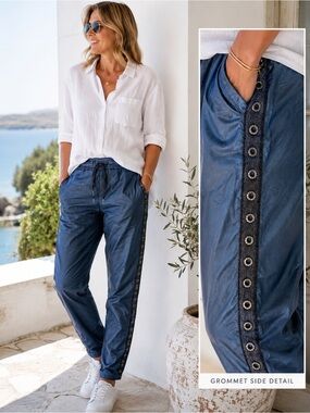 Italian Boutique Metallic Blue Joggers | Grommet Side Trim | Size L